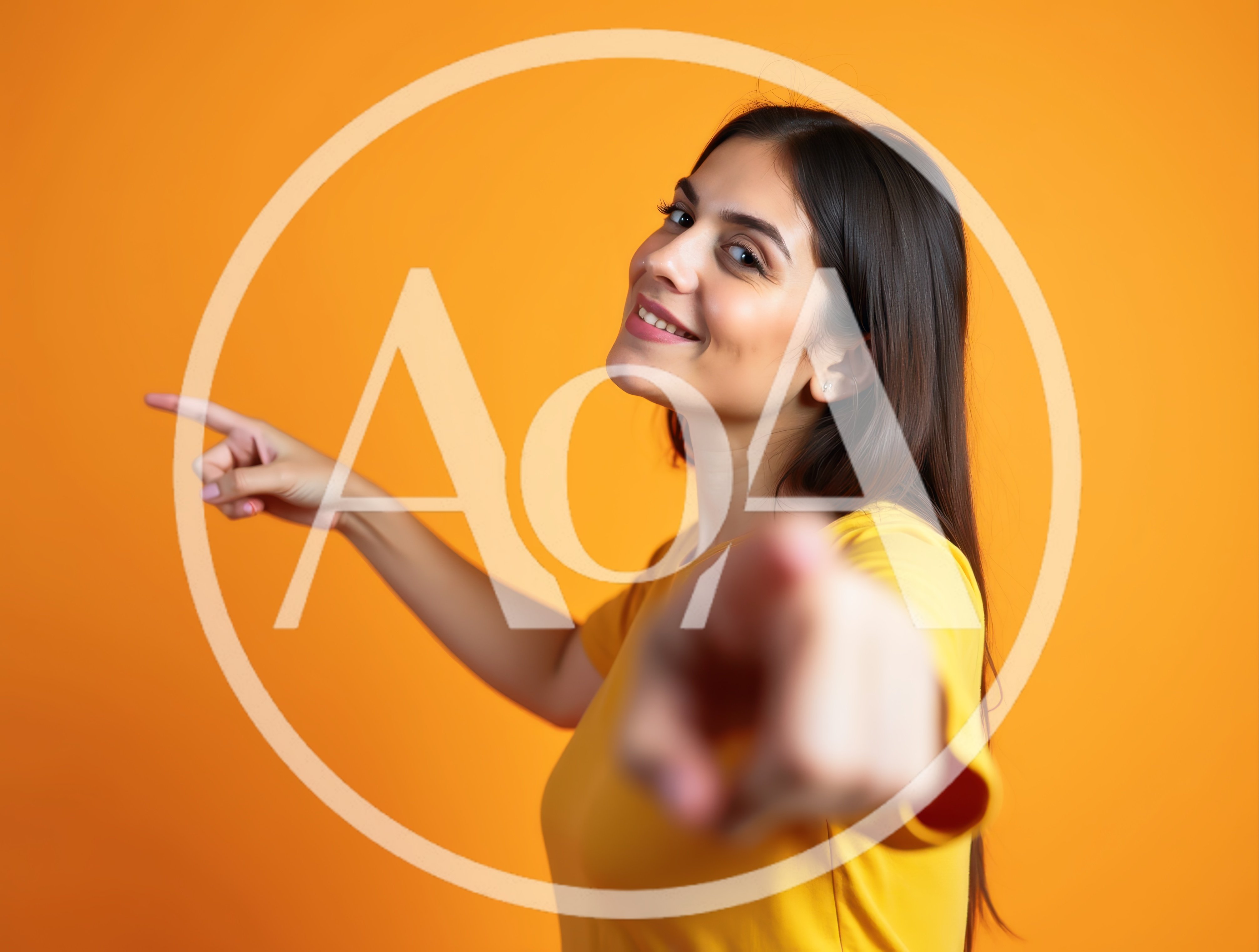Young Woman Pointing At Camera And To The Side