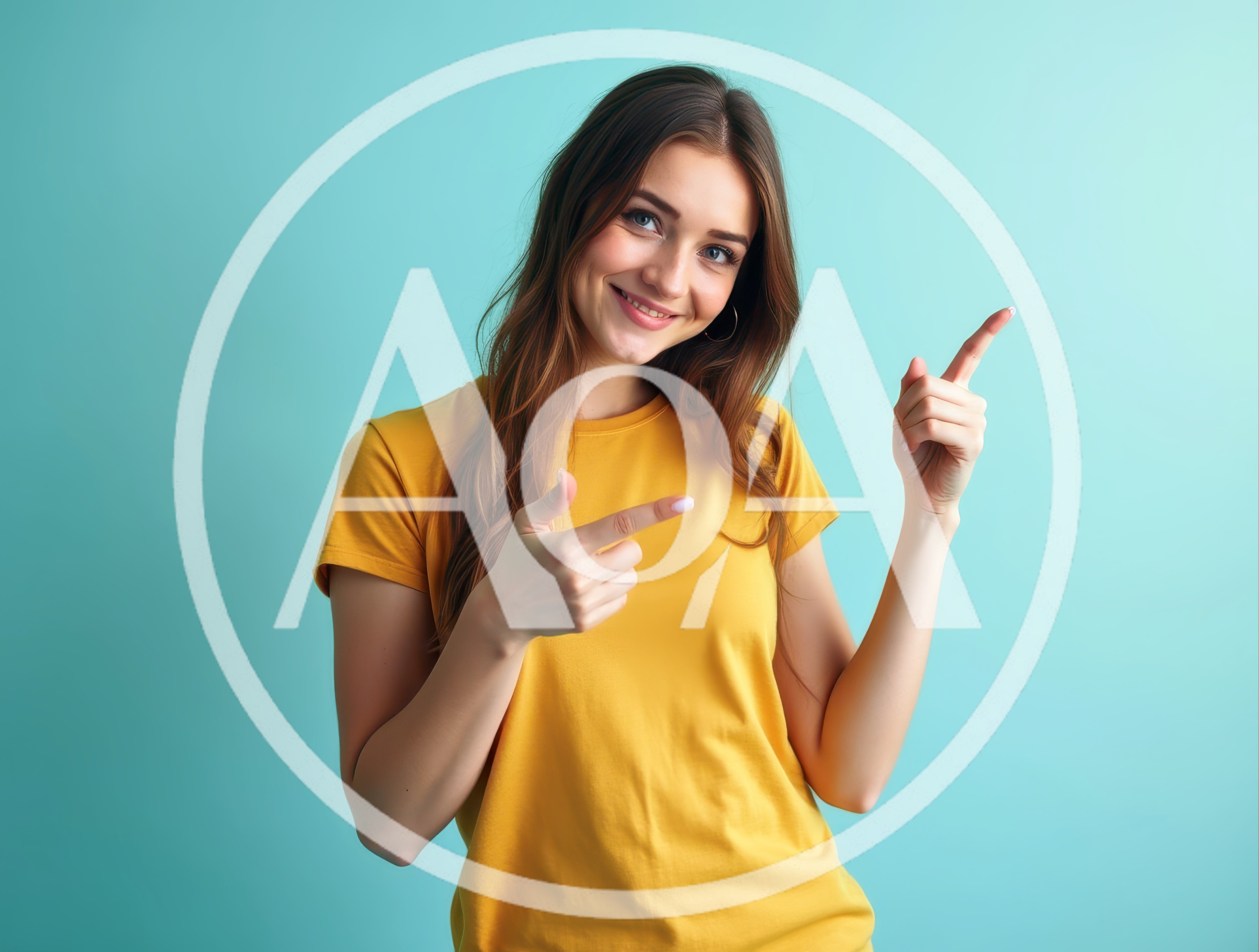 Young Woman Pointing Upwards Against A Teal Background
