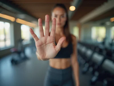 Fit Woman Making A Stop Gesture In A Gym