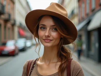 Young Woman Wearing A Fedora Hat On City Street