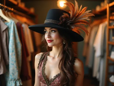 Elegant Woman Wearing A Feathered Hat In A Boutique