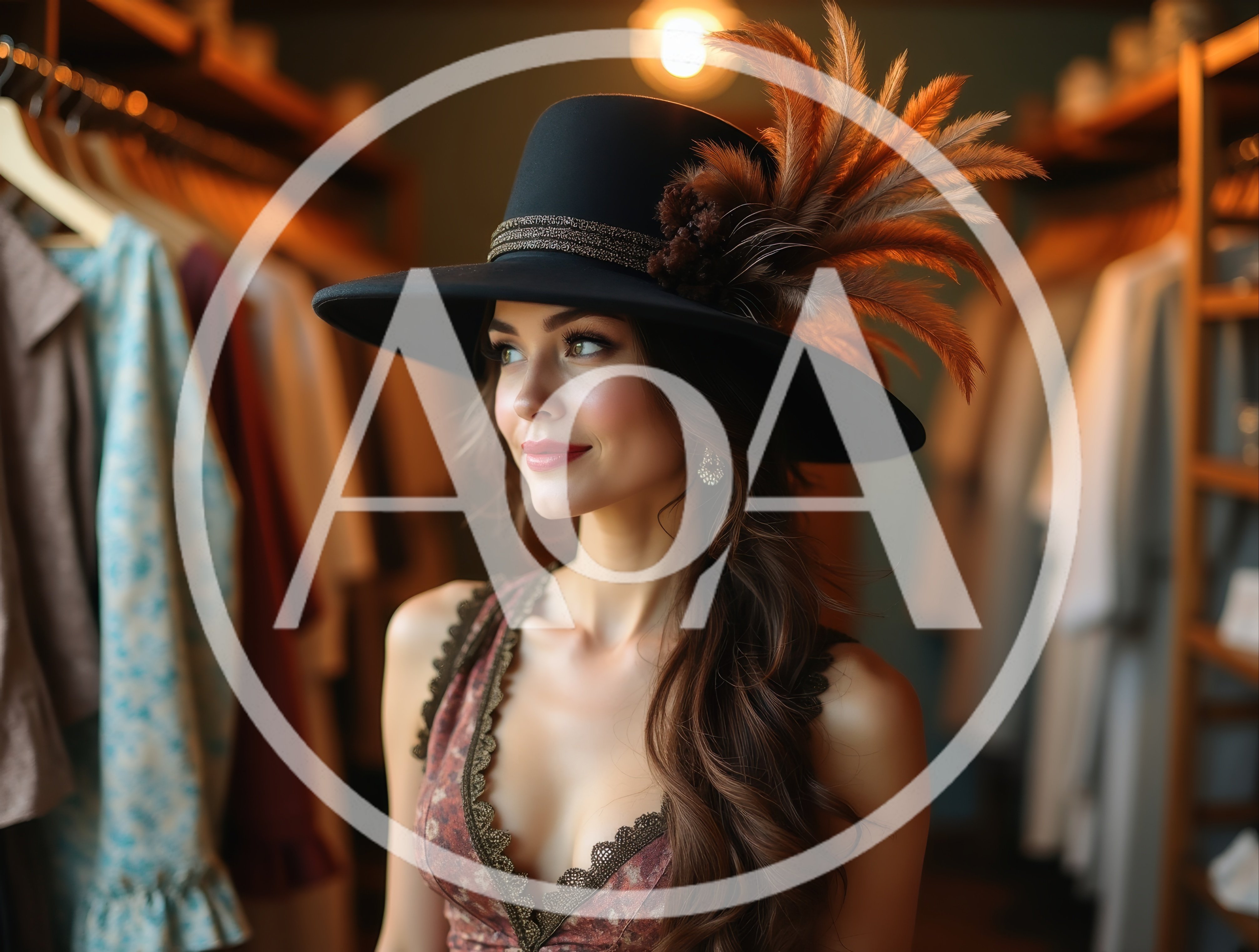 Elegant Woman Wearing A Feathered Hat In A Boutique
