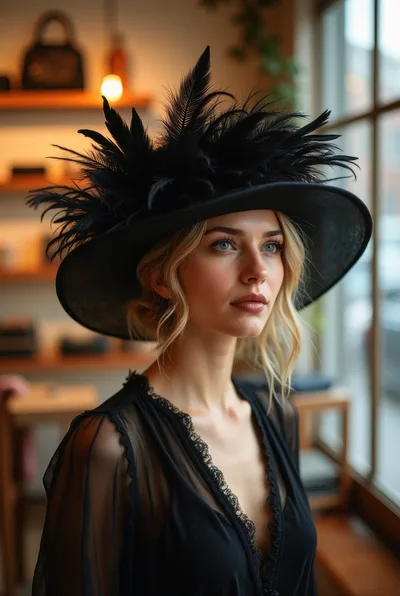 Elegant Blonde Woman Wearing A Black Feathered Hat