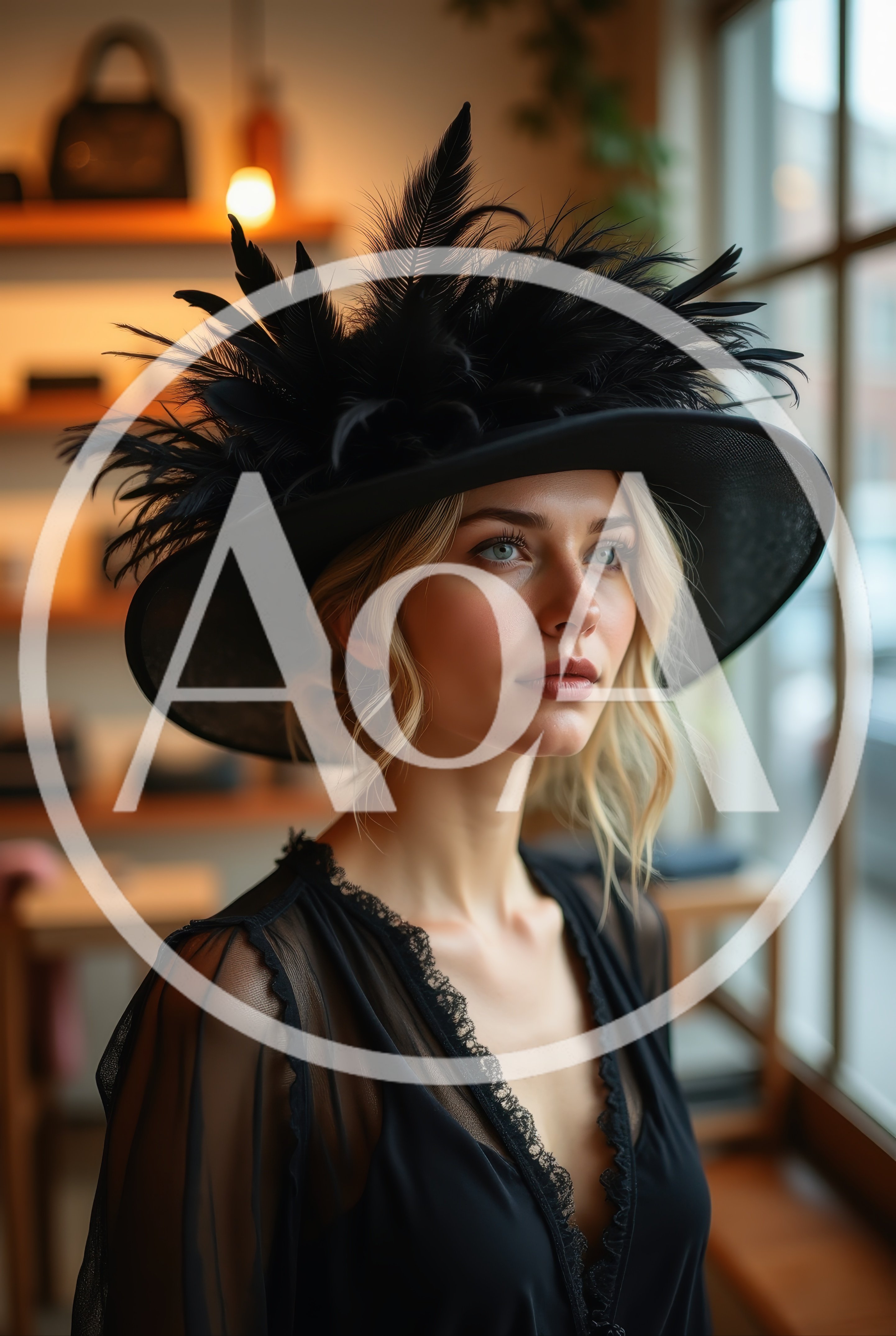 Elegant Blonde Woman Wearing A Black Feathered Hat