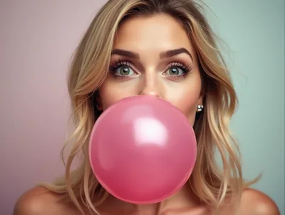 Blonde Woman Blowing A Large Pink Bubblegum Bubble