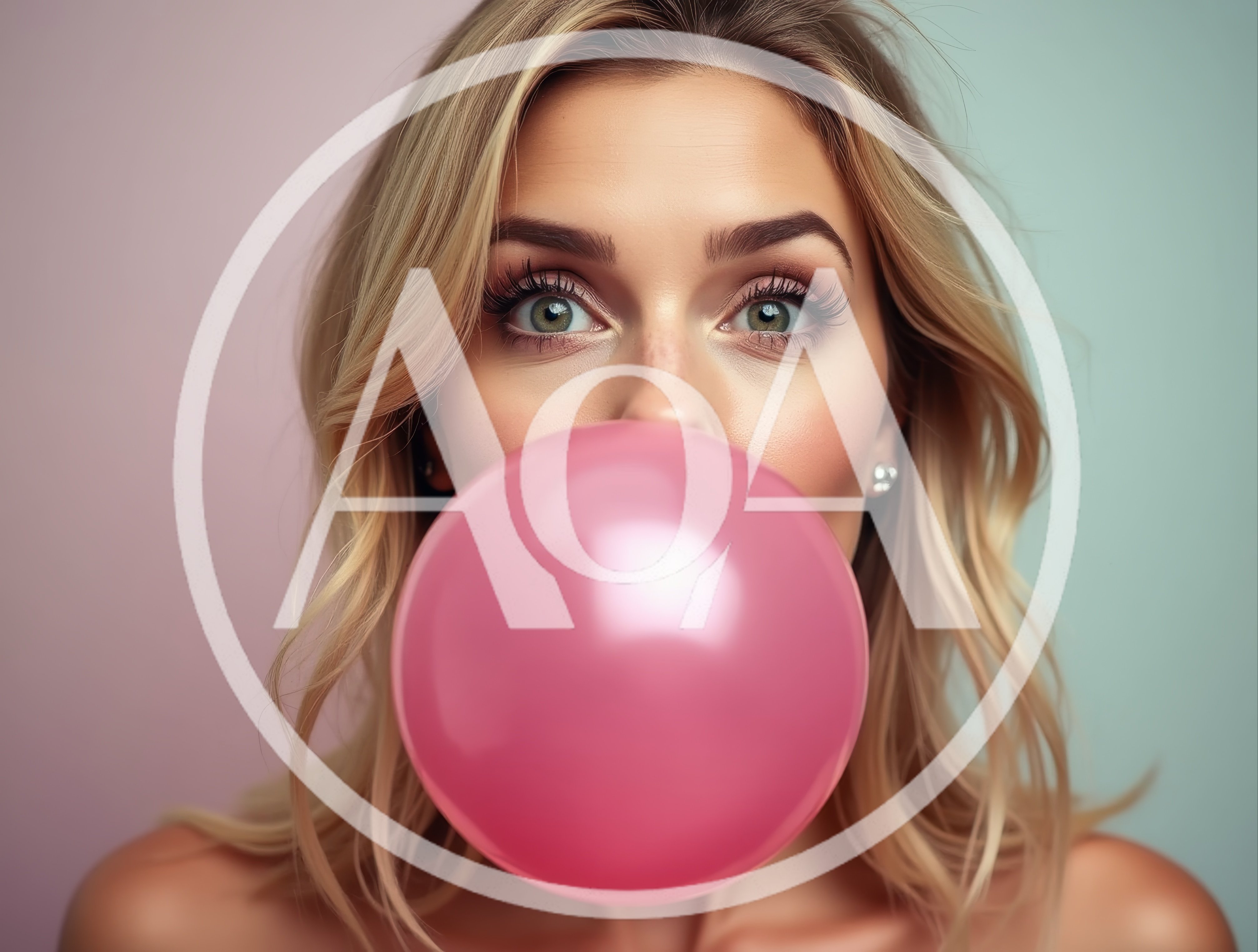 Blonde Woman Blowing A Large Pink Bubblegum Bubble