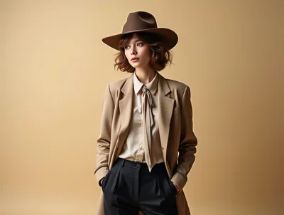 Stylish Young Woman Wearing A Fedora And Beige Blazer