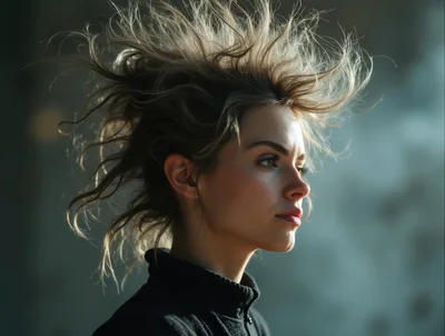 Portrait Of A Young Woman With Wild Windblown Hair