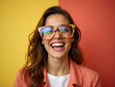 Smiling Woman Wearing Glasses Against Two Tone Background