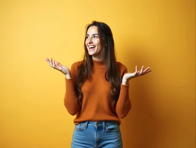 Happy Young Woman Gesturing With Open Hands