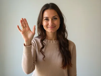 Young Woman Waving Hello Against A Neutral Background