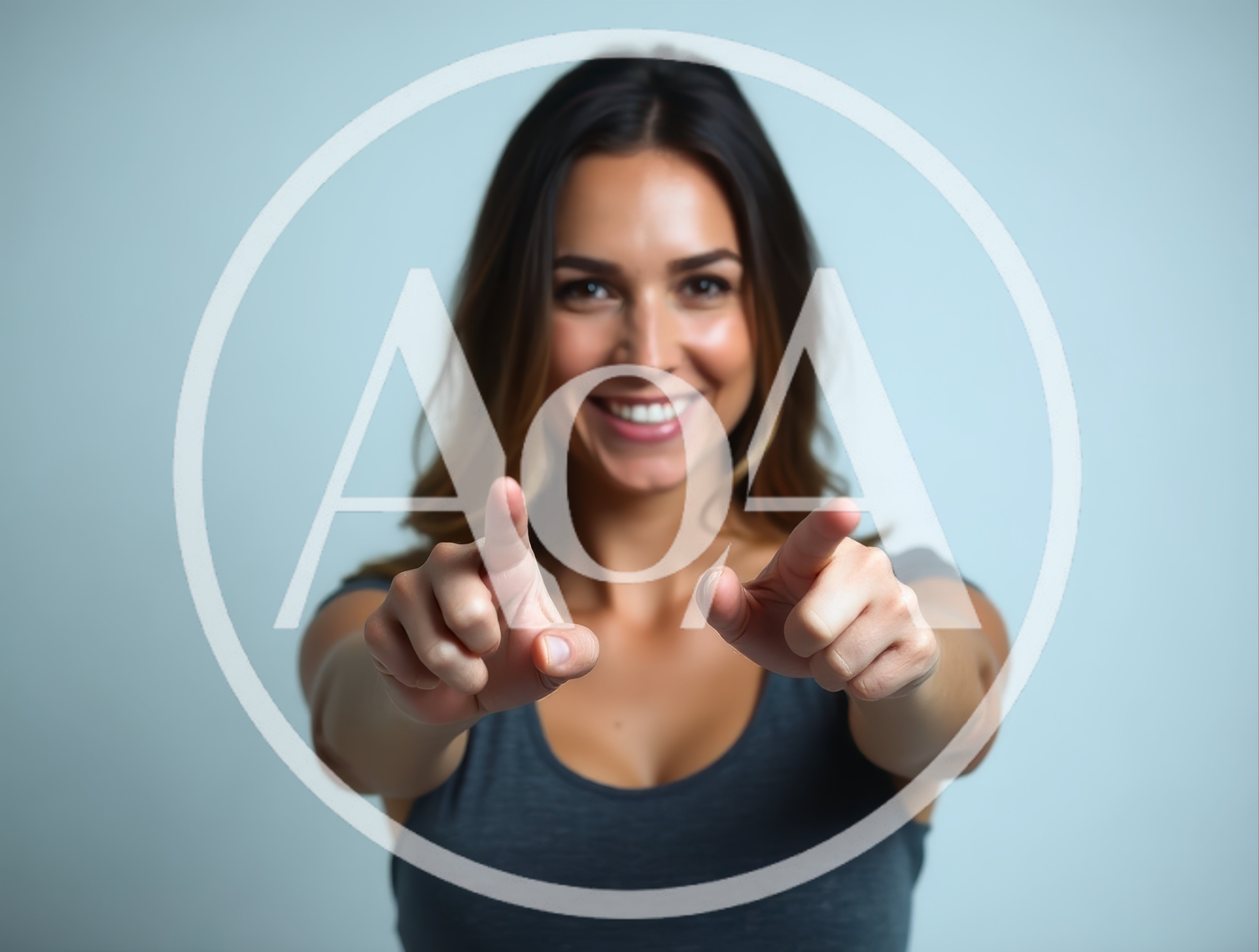 Smiling Woman Pointing Forward With Both Hands