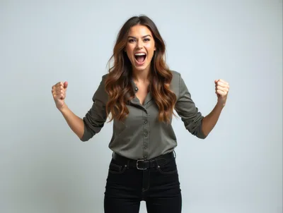 Excited Woman Celebrating Success With Raised Fists