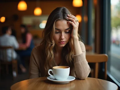 Pensive Young Woman Sitting Alone In A Cafe