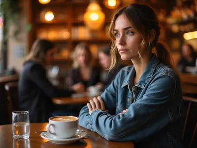 Young Woman Sitting Alone At A Cafe Table