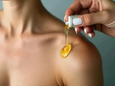 Applying Golden Massage Oil To A Woman's Shoulder