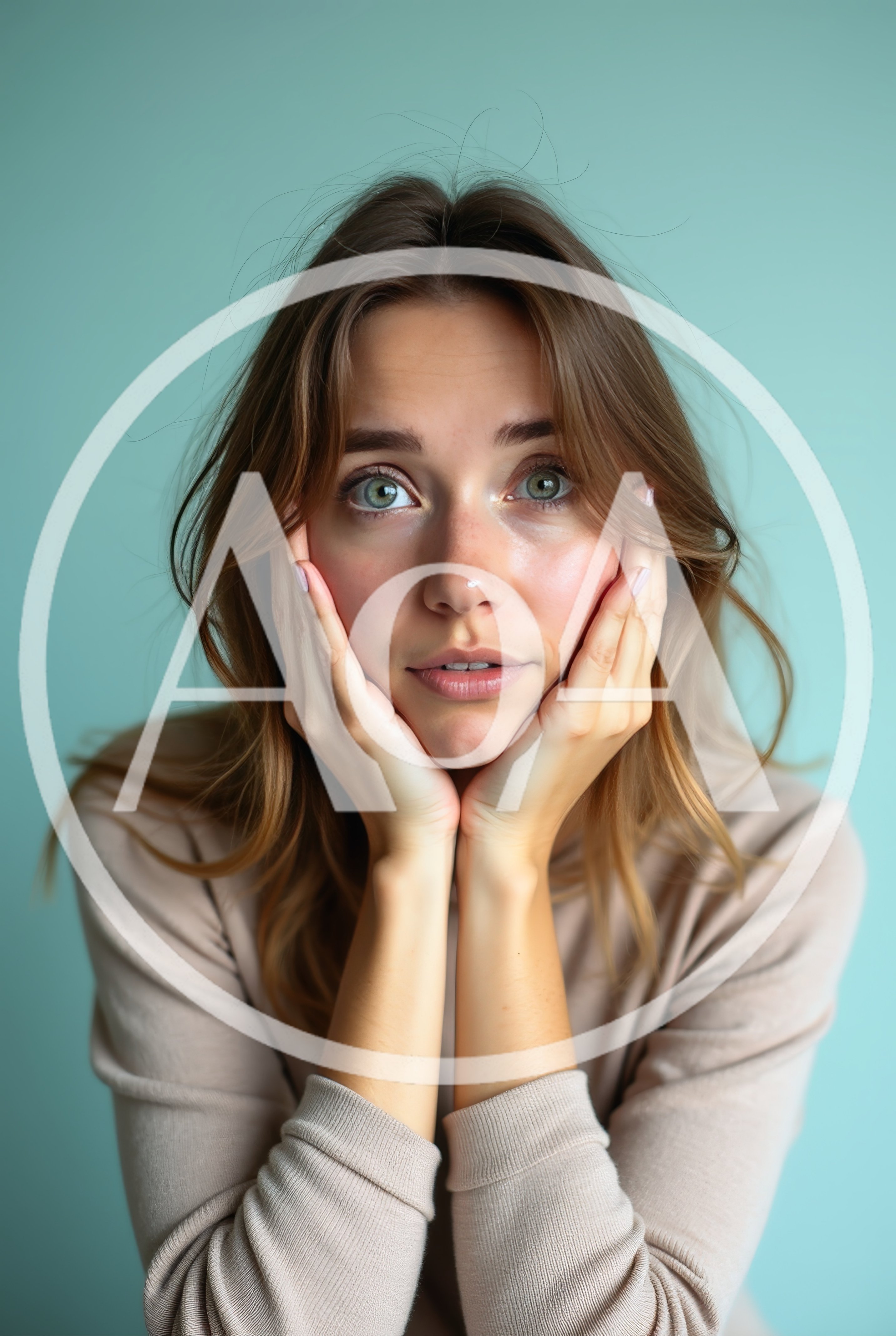 Young Woman Resting Chin On Hands With Surprised Expression