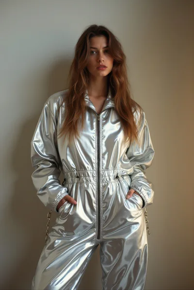 Fashionable Woman Wearing A Metallic Silver Jumpsuit