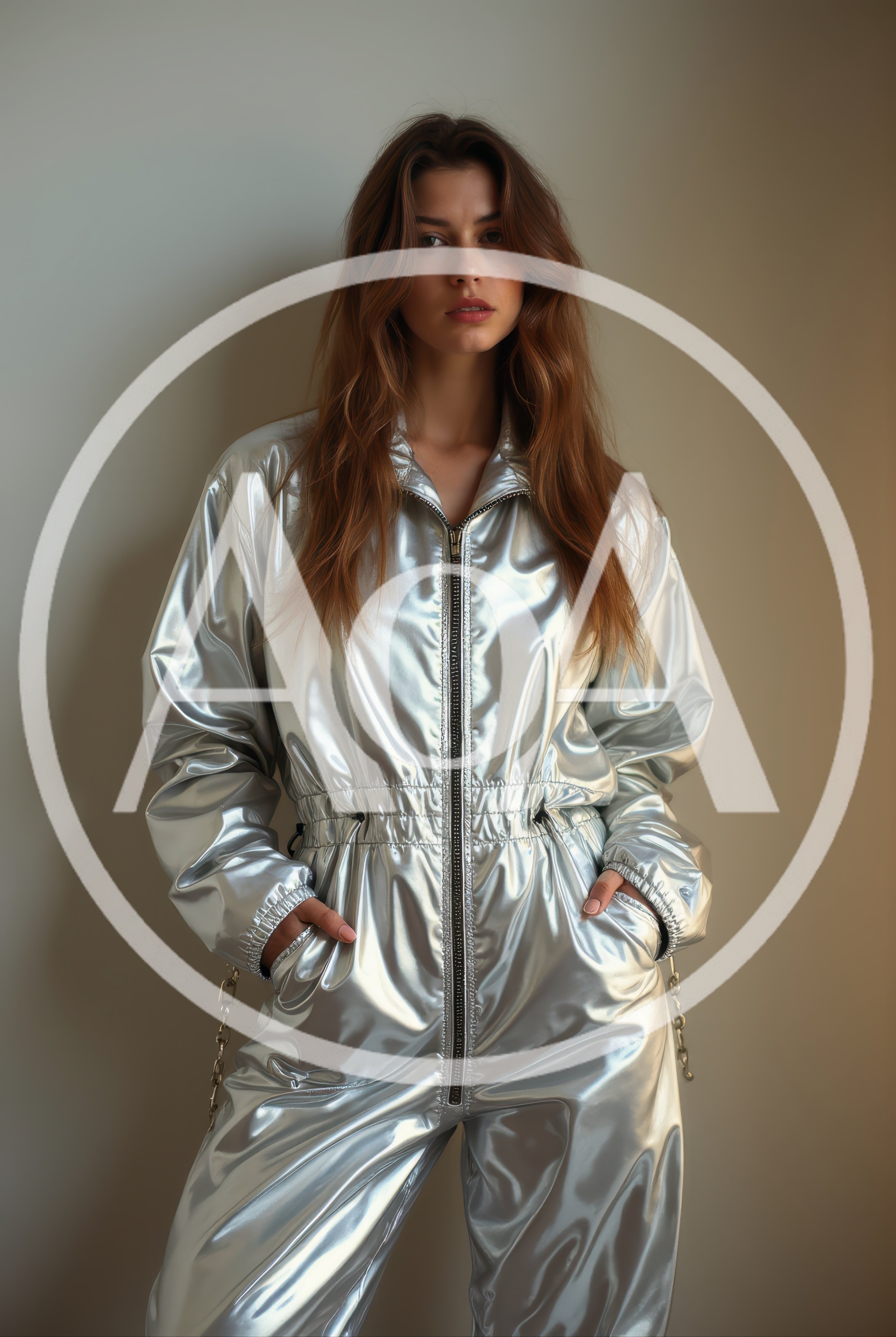 Fashionable Woman Wearing A Metallic Silver Jumpsuit