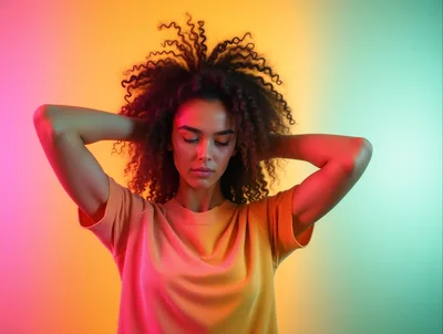 Young Woman With Curly Hair Posing Under Neon Lights