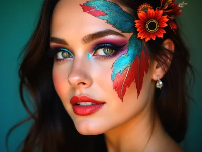 Portrait Of A Woman With Artistic Leaf Face Paint