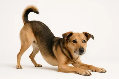 Playful Mixed Breed Dog In A Bowing Stance