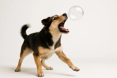 Playful Dog Trying To Catch A Floating Soap Bubble