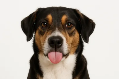 Portrait Of A Tri-Color Dog Sticking Out Tongue