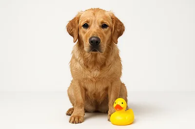 Golden Retriever Puppy Sitting With A Rubber Duck