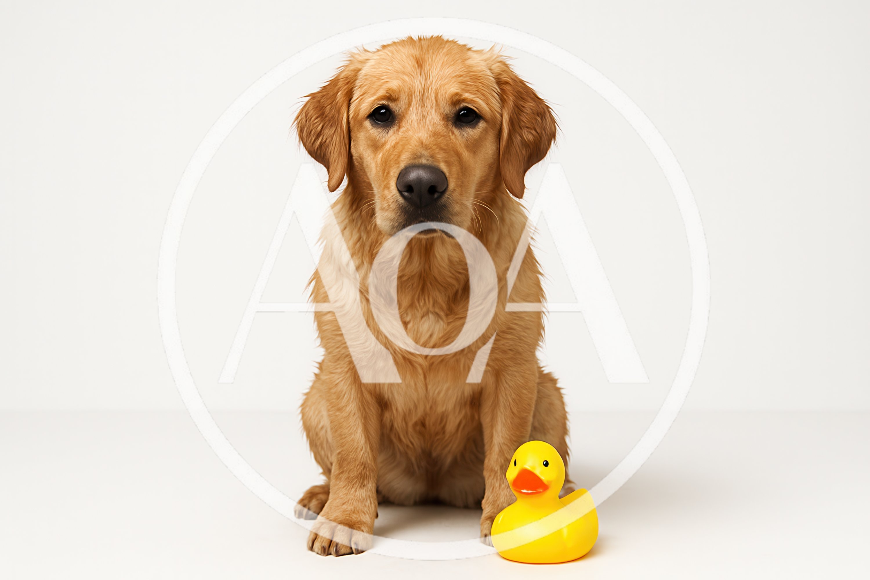 Golden Retriever Puppy Sitting With A Rubber Duck