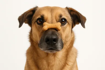 Brown Dog Balancing A Bone Treat On Its Nose
