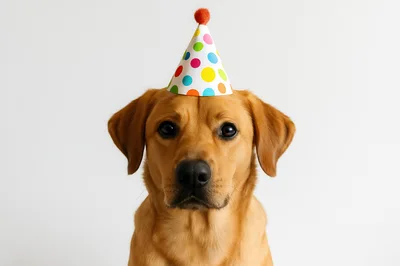 Golden Labrador Wearing A Colorful Polka Dot Party Hat