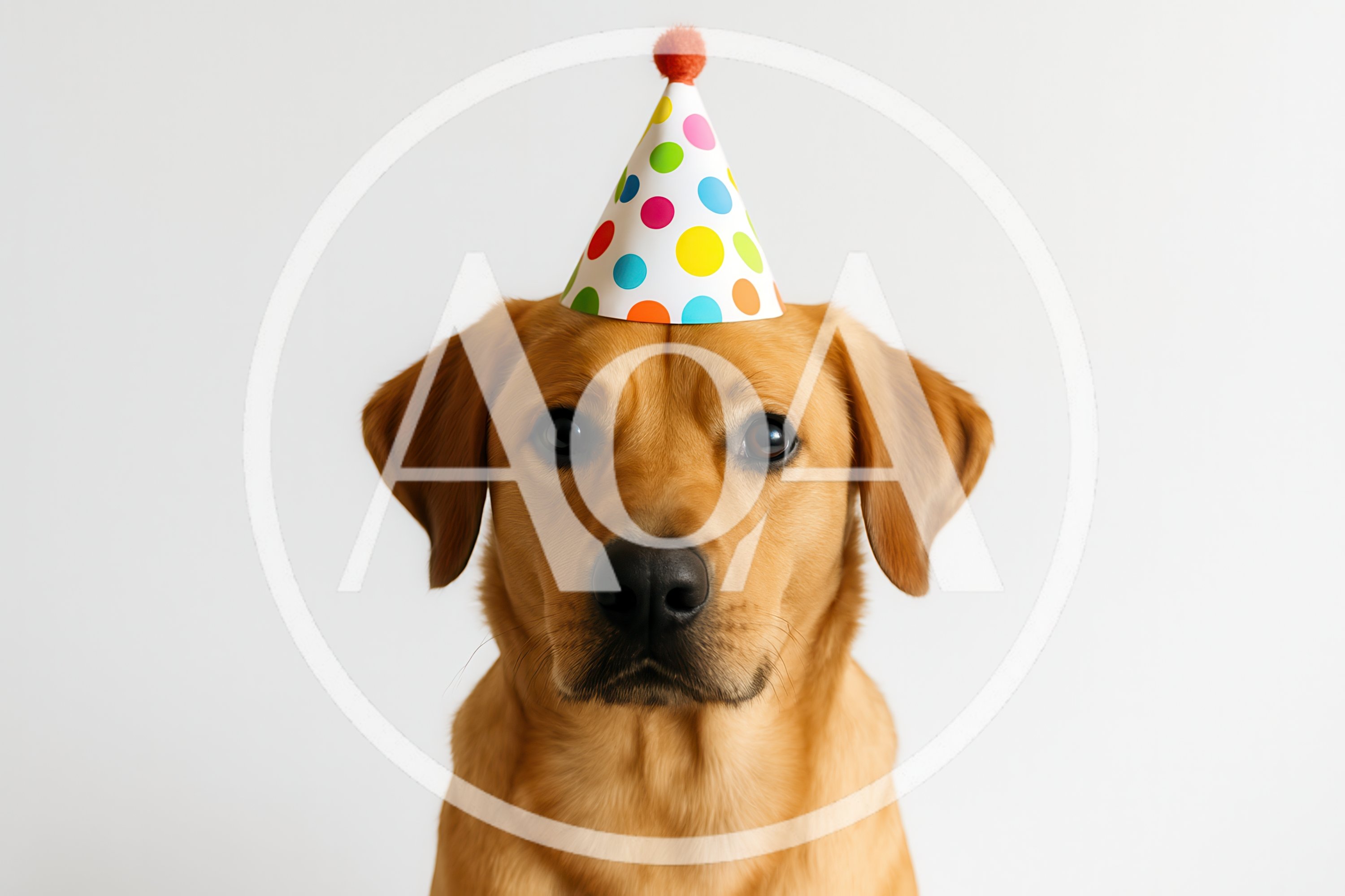 Golden Labrador Wearing A Colorful Polka Dot Party Hat