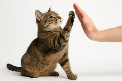 Tabby Cat Giving A High Five To A Human Hand