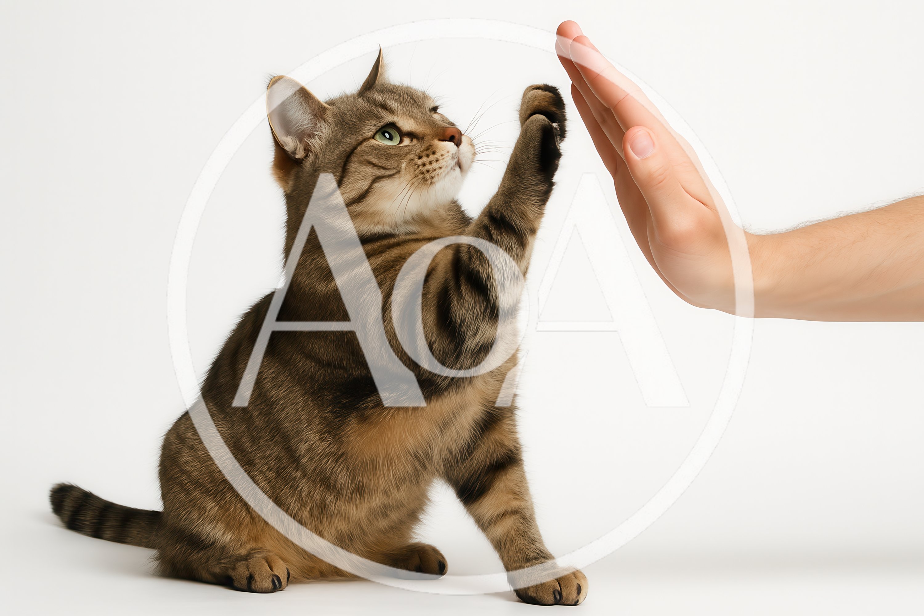 Tabby Cat Giving A High Five To A Human Hand