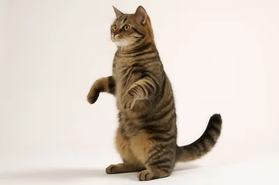 Tabby Cat Standing Upright On White Background