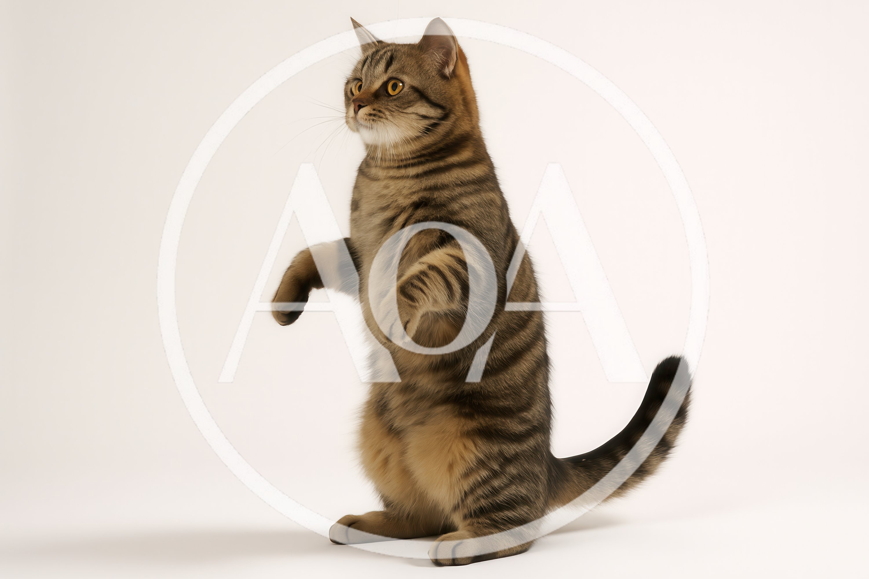 Tabby Cat Standing Upright On White Background