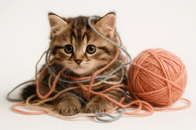 Adorable Tabby Kitten Playing With Pink Yarn Ball