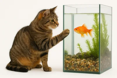 Tabby Cat Reaching Toward A Goldfish In An Aquarium