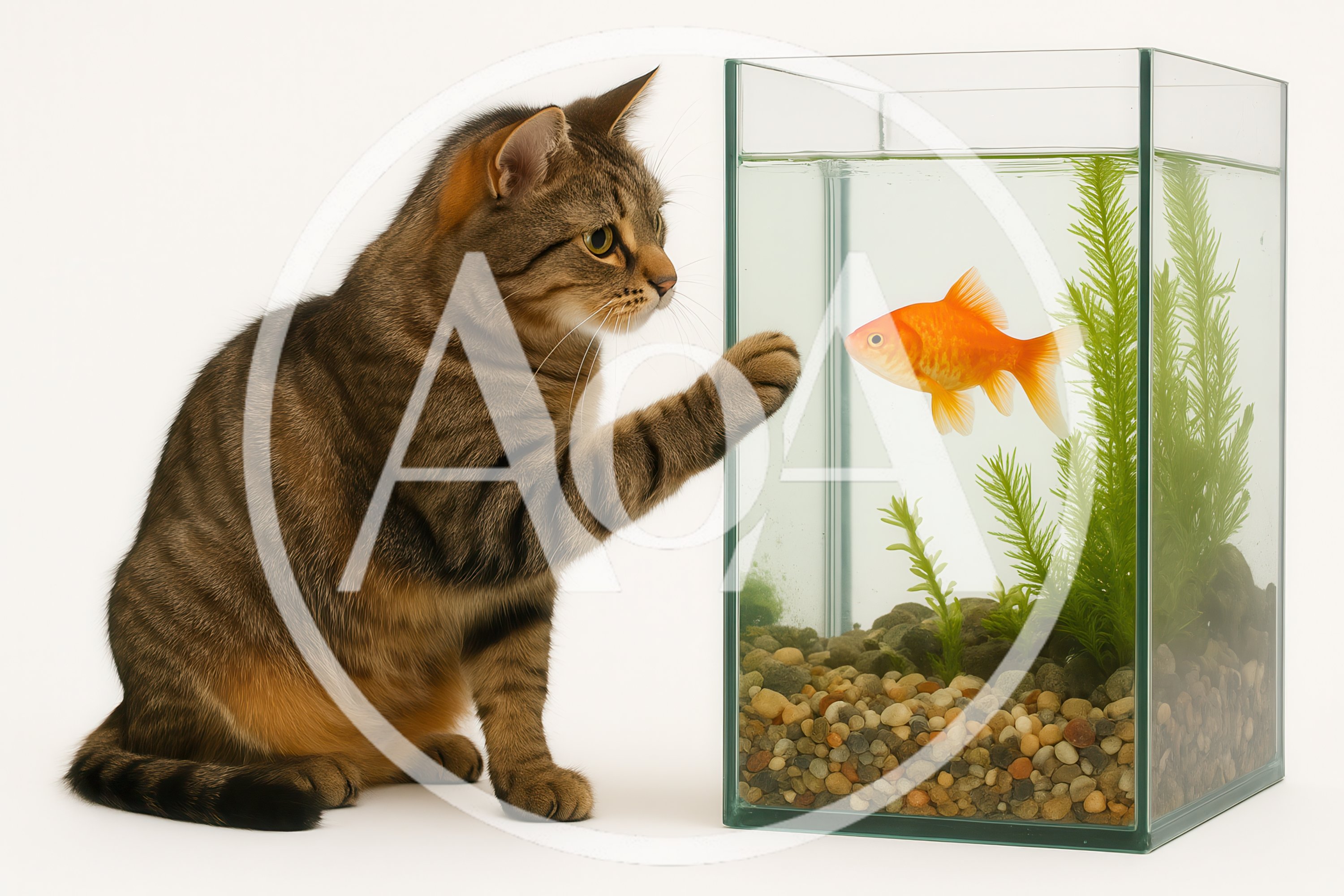 Tabby Cat Reaching Toward A Goldfish In An Aquarium