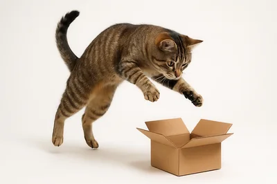 Tabby Cat Jumping Into A Cardboard Box