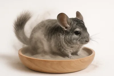 Chinchilla Taking A Dust Bath In Wooden Bowl