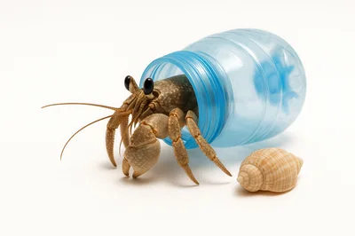 Hermit Crab Living Inside A Blue Plastic Bottle