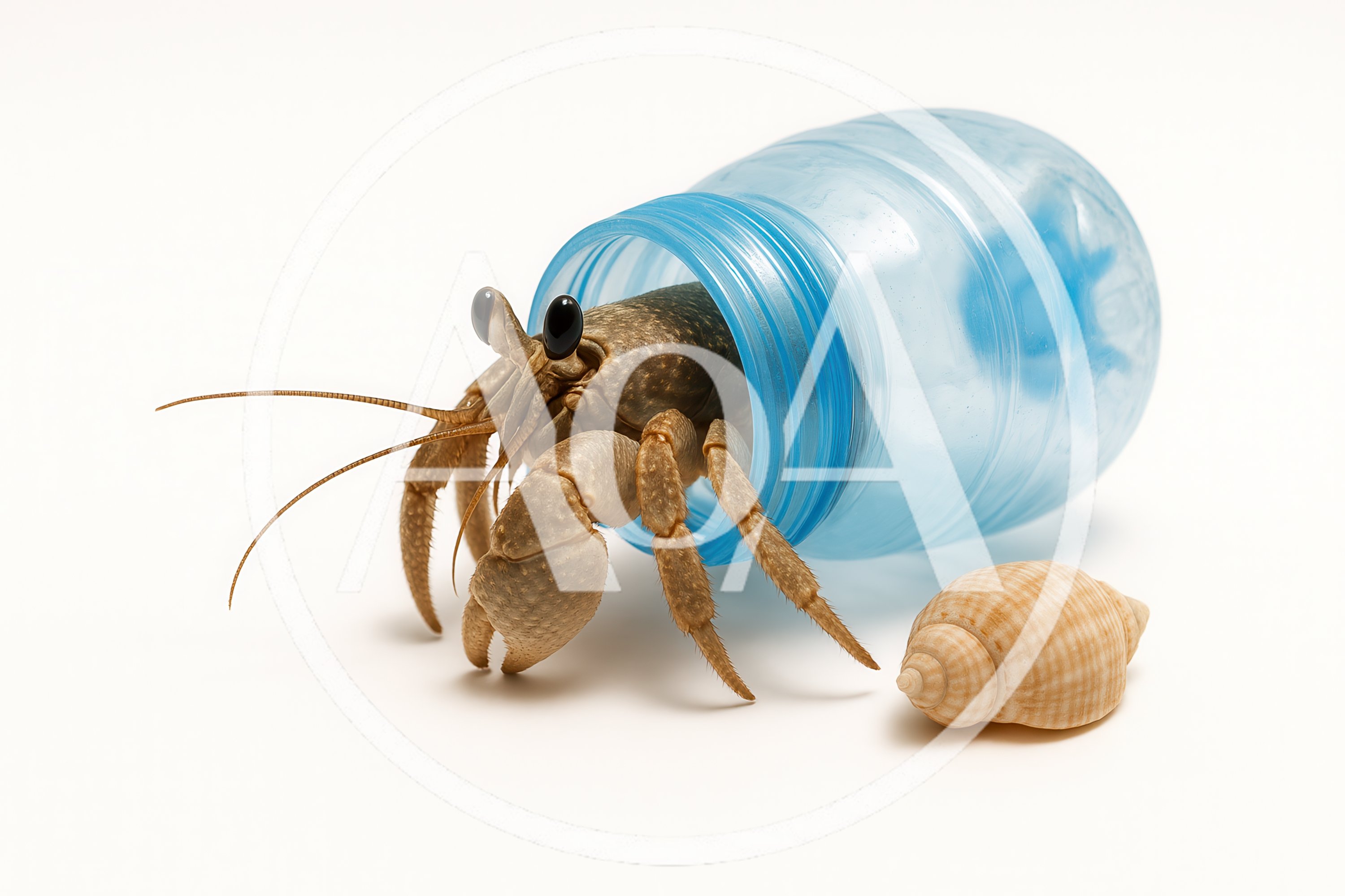 Hermit Crab Living Inside A Blue Plastic Bottle