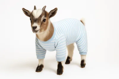 Cute Baby Goat Wearing Striped Pajamas