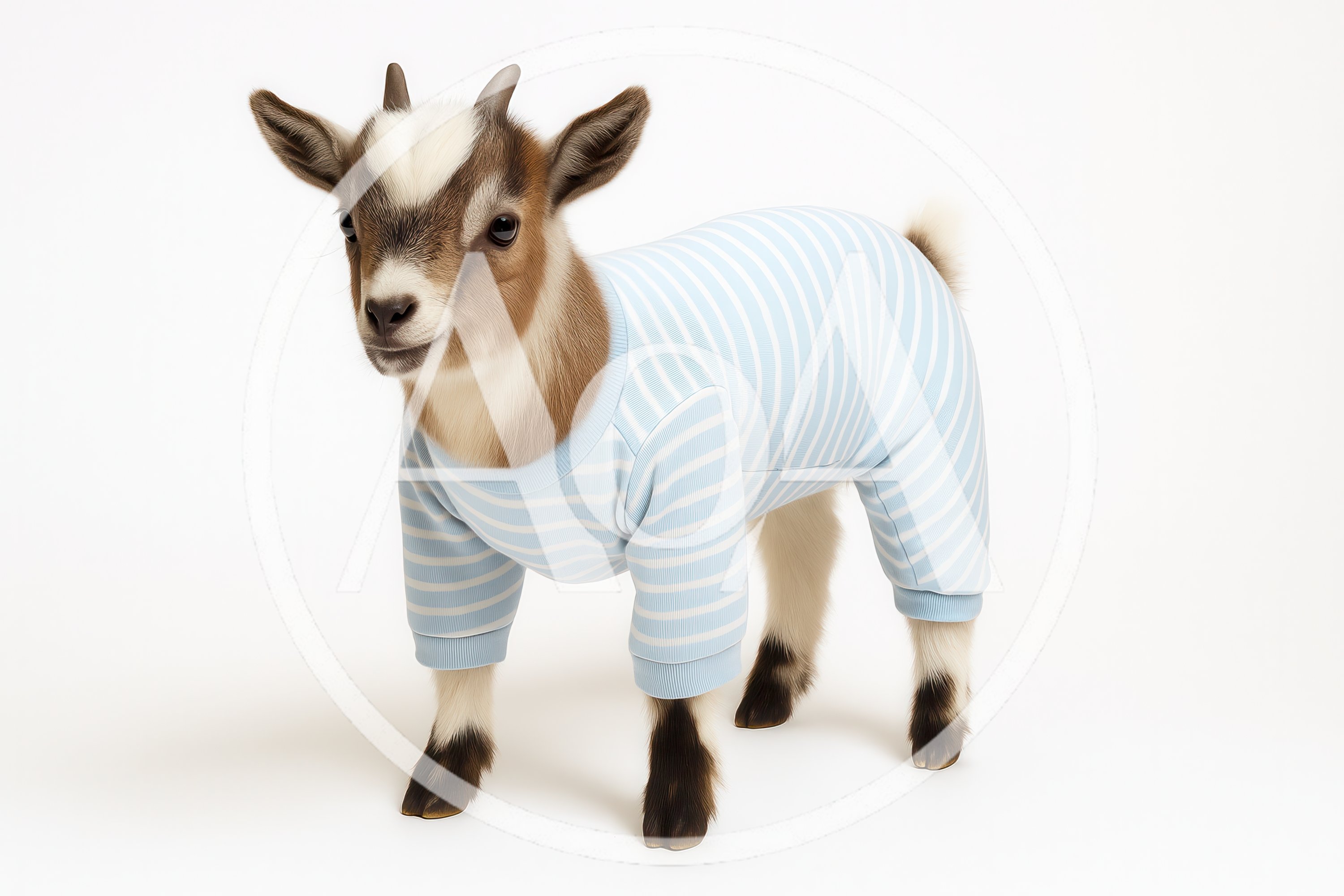 Cute Baby Goat Wearing Striped Pajamas