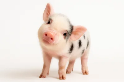 Adorable Spotted Piglet Standing Against White Background