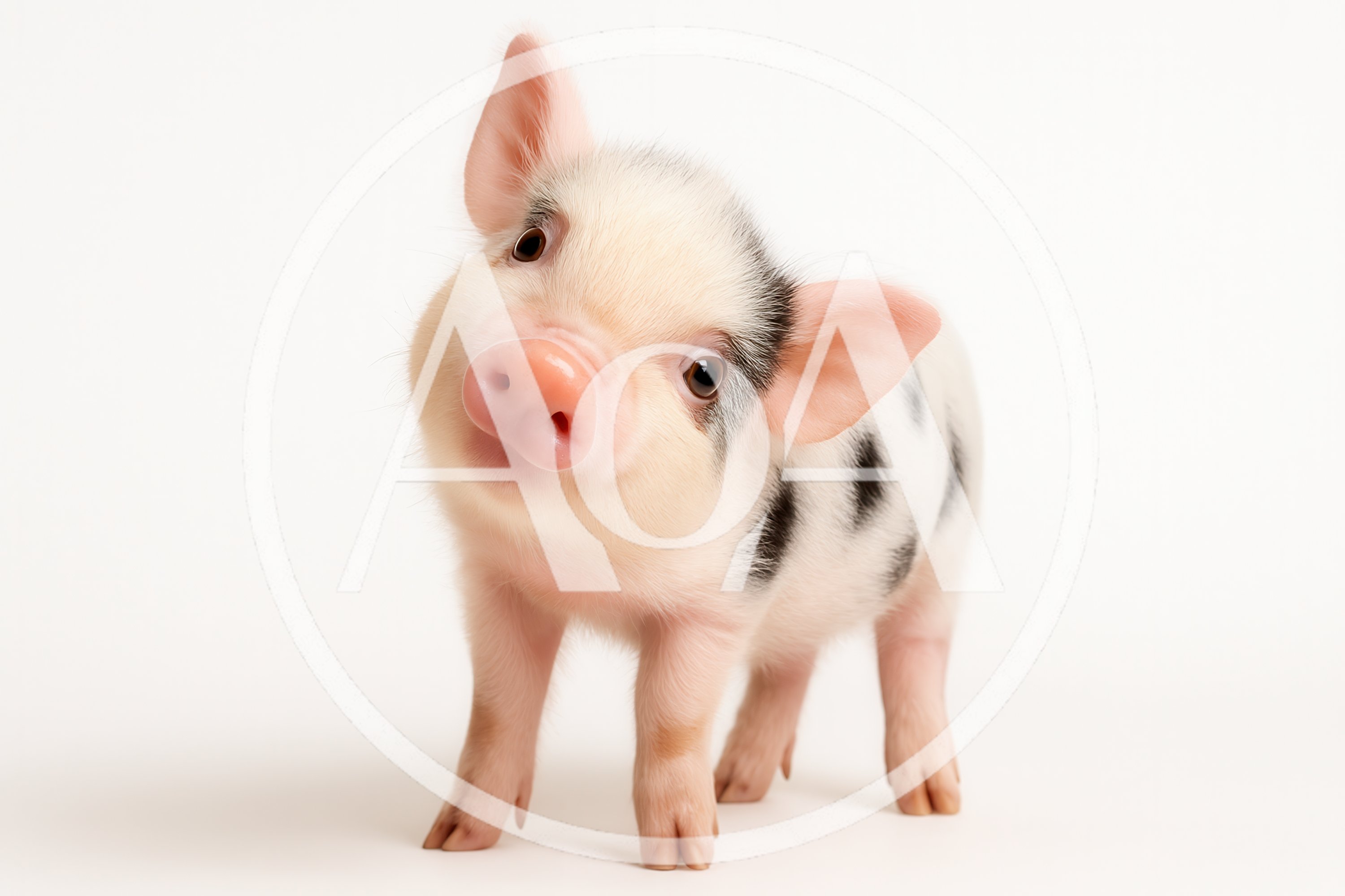 Adorable Spotted Piglet Standing Against White Background