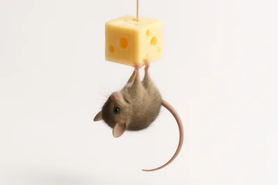 Small Mouse Hanging From A Cube Of Swiss Cheese