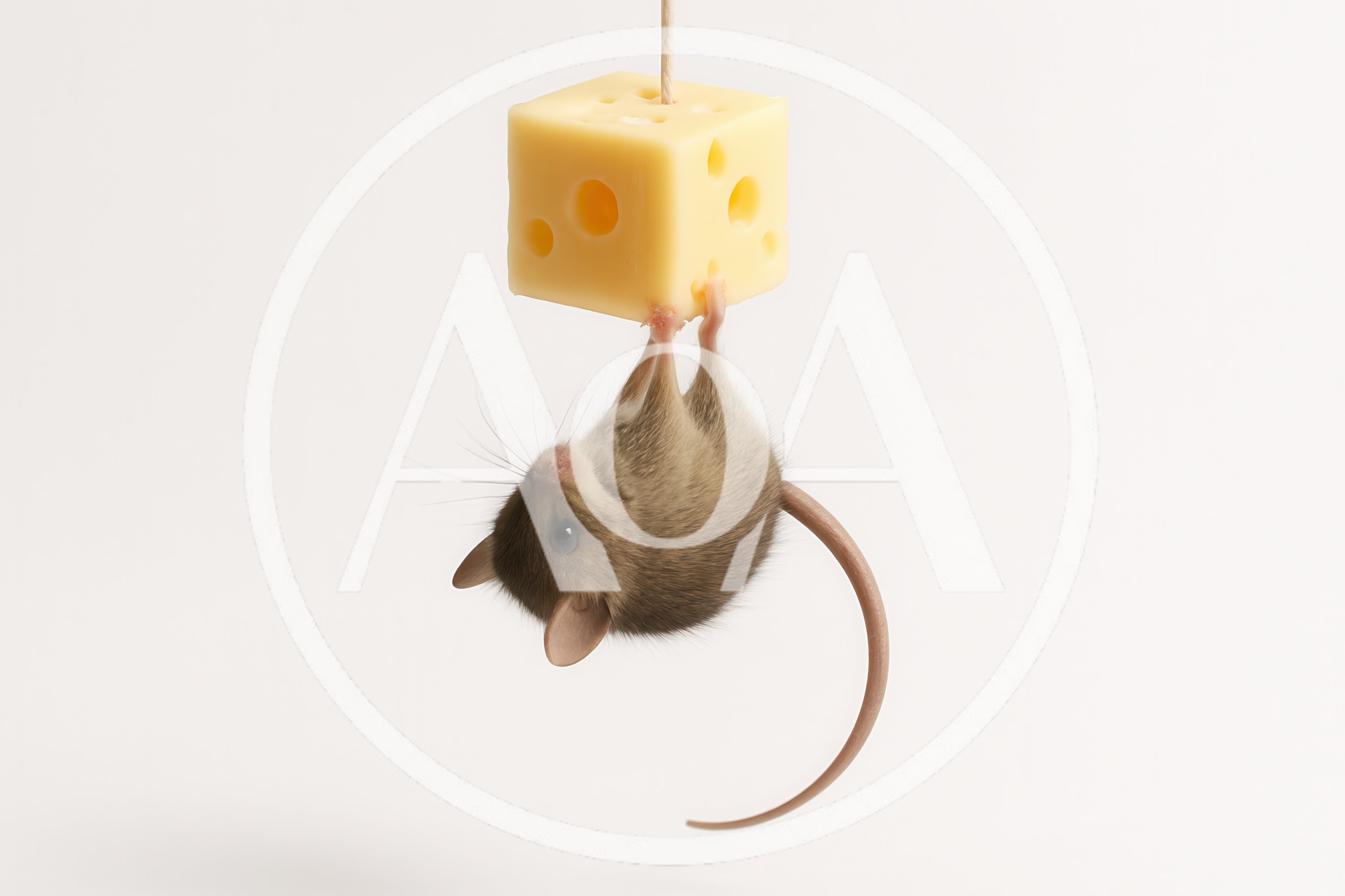 Small Mouse Hanging From A Cube Of Swiss Cheese